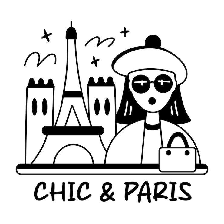 Vector turista de parís de pie frente a la torre eiffel con una pegatina de glifo de texto chic y parisiense
