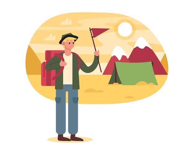 Un turista rubio de dibujos animados con bandera y mochila va a la ciudad de tiendas de campaña La gente pasa tiempo descubriendo nuevos lugares Tiempo para las vacaciones de verano Ilustración vectorial