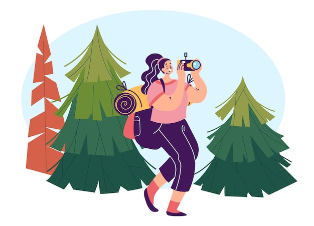 Turista tomando una foto del concepto de bosque natural Ilustración de elementos de diseño gráfico vectorial