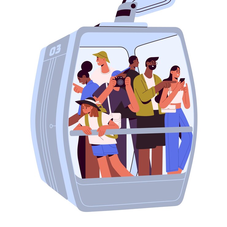 Vector turistas en la cabina suspendida del teleférico del teleférico pasajeros felices se agolpan dentro del teleférico del teleférico gente en el transporte turístico del tranvía aéreo ilustración vectorial plana aislada en fondo blanco
