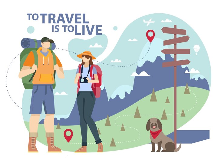 Turistas caminando con un concepto de ilustración plana de mochila y cámara