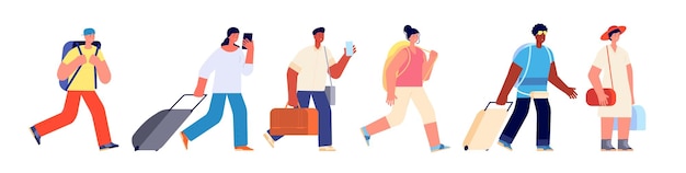 Turistas caminando Feliz joven turista viajar aeropuerto cola Mujer hombre con maleta bolsa equipaje Adulto plano grupo turístico personajes vectoriales completos