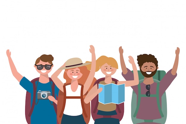 Turistas chicos y chicas con diseño de bolso