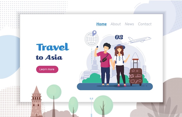 Turistas chinos japoneses sonríen selfies de fotografía de hombre y mujer en medio de los monumentos del edificio Viajeros con bolsa rodante de equipaje vector personaje de dibujos animados ilustración página de inicio del sitio web