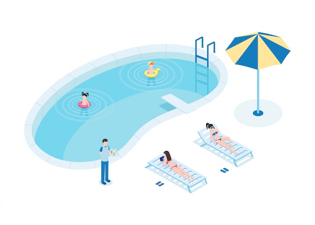 Turistas en el ejemplo isométrico del vector de la piscina. Madres con hijos y camareros personajes de dibujos animados en 3D.