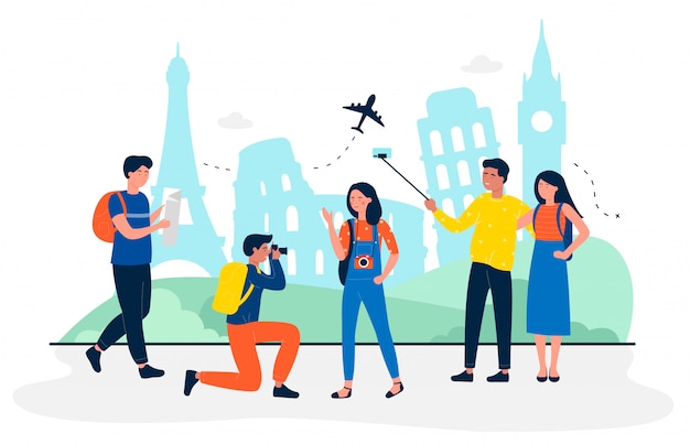 Vector los turistas están en turismo ilustración de concepto de viaje plano. gente haciendo fotos y autofotos para la memoria. agencia de viajes, industria del ocio, aerolíneas, tours individuales y grupales.