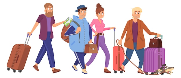 Turistas con maletas de viaje apresurados personajes de viajeros del aeropuerto