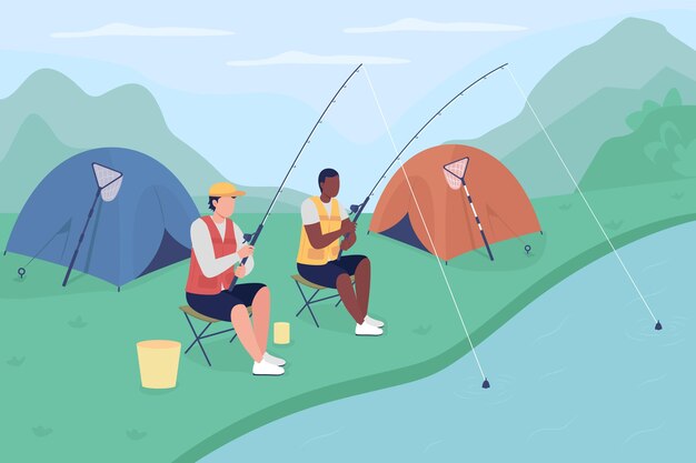 Turistas masculinos pescando ilustración de vector de color plano. Campistas el fin de semana. Relájate en la naturaleza. Recreación en la naturaleza. Hombres acampando en el desierto personajes de dibujos animados 2D con paisaje de fondo