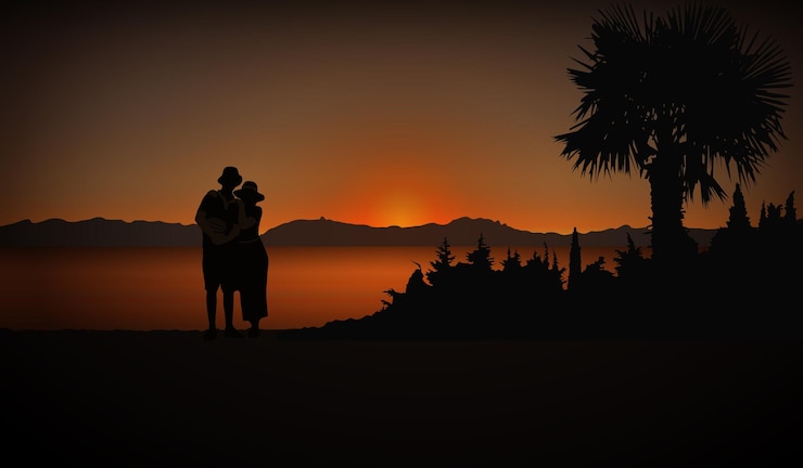 Vector turistas pareja enamorada en el coste con palmeras al atardecer