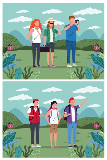 Vector turistas personas de pie en el diseño de ilustración de vector de personaje de paisaje