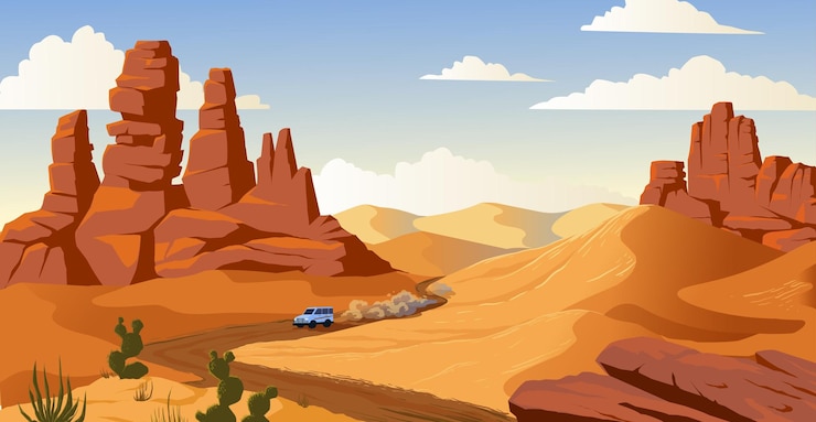 Vector turistas en tierras desérticas paisaje silvestre camino de sendero africano caliente vehículo en el camino de américa conducción de automóviles en la carretera montañas secas clima de sequía seca ilustración de dibujos animados vectoriales