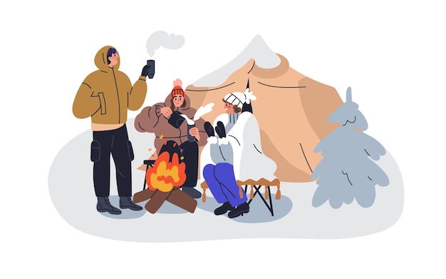 Turistas en vacaciones de invierno acampando campistas calentándose con té caliente y fuego gente relajándose en la fogata sentada alrededor de la hoguera al aire libre ilustración gráfica vectorial plana aislada sobre fondo blanco