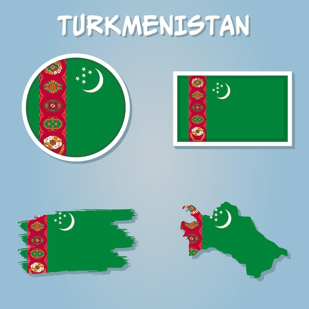 Turkmenistán mapa y bandera en fondo azul.