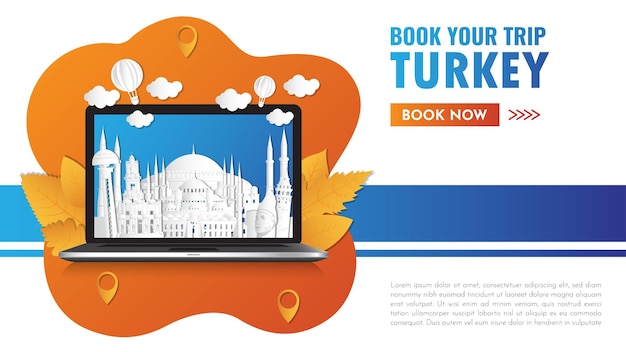 Turquía Landmark Global Travel And Journey papel fondo Vector Design Templateused para su anuncio libro banner plantilla viaje negocio o presentación