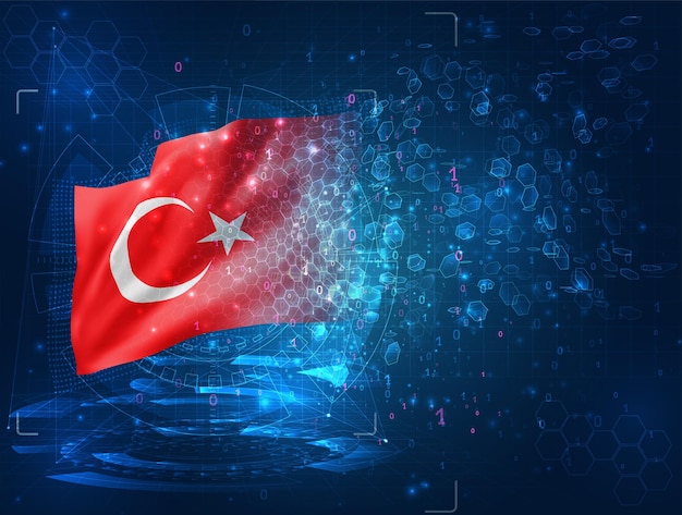 Turquía, vector bandera 3d sobre fondo azul con interfaces hud