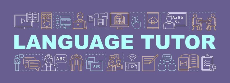 Vector tutor de idiomas banner de conceptos de palabras tutoriales en video cursos club de habla aprendizaje de idiomas extranjeros idea de tipografía de letras aisladas con iconos lineales presentación ilustración de contorno vectorial