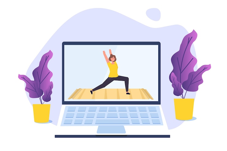 Vector tutorial de deportes en línea, estudios de yoga, concepto de transmisión. hacer ejercicio en casa. ilustración vectorial