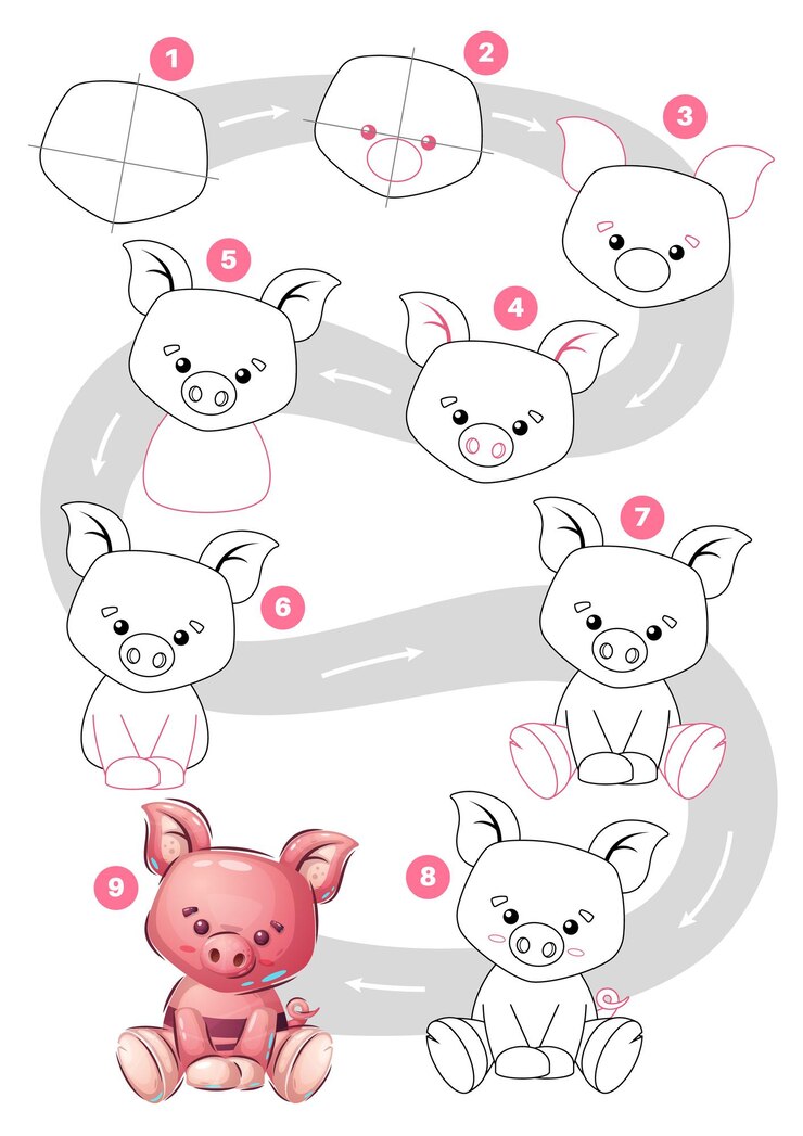 Vector tutorial de dibujo de cerdo animal lindo personaje de dibujos animados