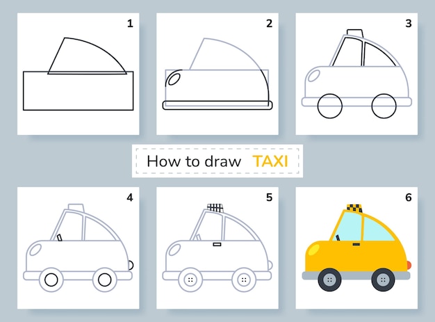 Tutorial de dibujo Cómo dibujar un taxi Página de educación y actividades para niños en edad preescolar y escolar