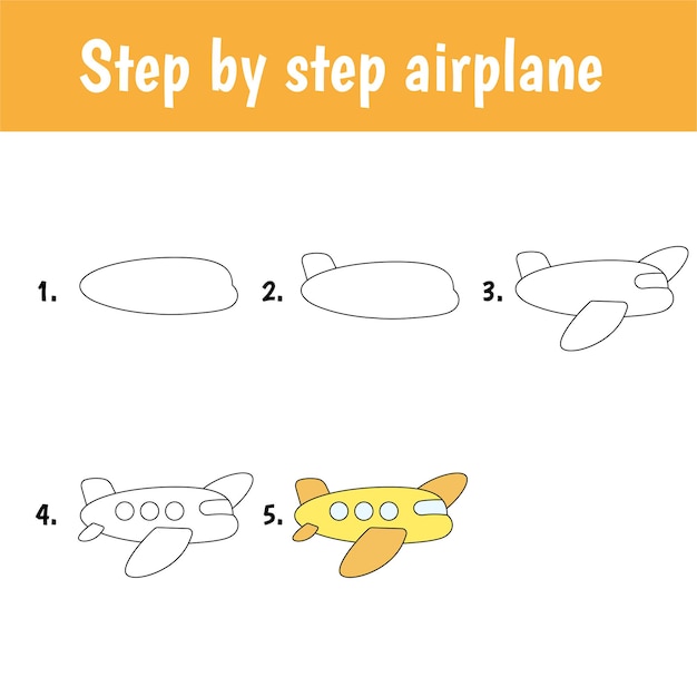 Vector tutorial de dibujo para niños. nivel fácil. hojas de educación. cómo dibujar un avión