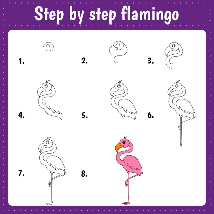 Vector tutorial de dibujo para niños nivel fácil hojas de educación cómo dibujar flamencos