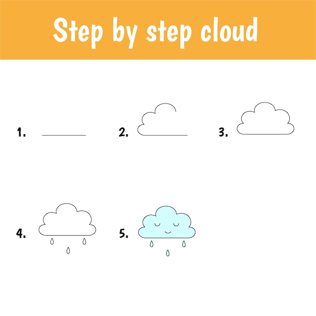 Vector tutorial de dibujo para niños. nivel fácil. hojas de educación. cómo dibujar nubes