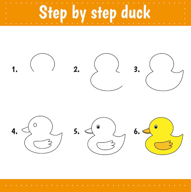 Tutorial de dibujo para niños. Nivel fácil. Hojas de educación. como dibujar pato