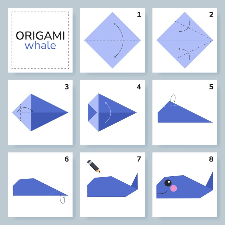 Vector tutorial de esquema de origami de ballena modelo en movimiento origami para niños paso a paso
