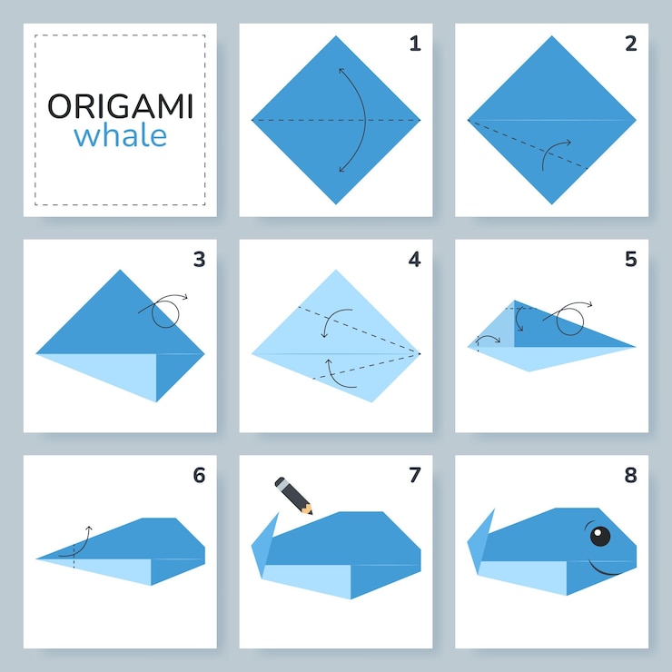 Vector tutorial de esquema de origami de ballena modelo en movimiento origami para niños paso a paso