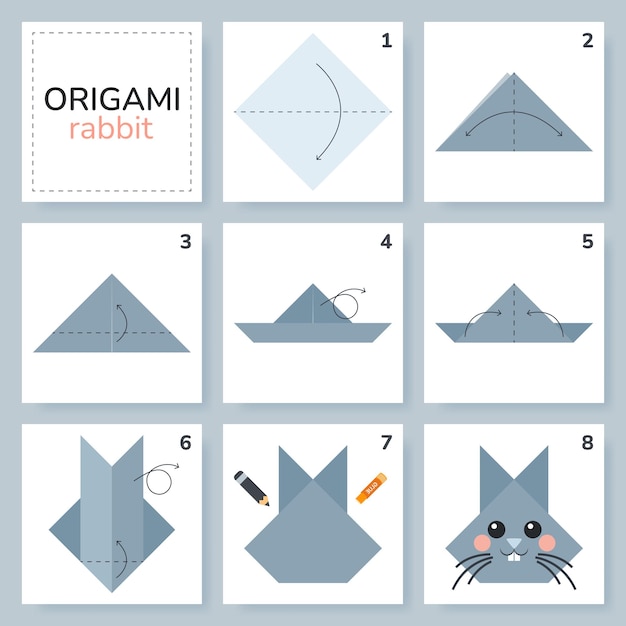 Vector tutorial de esquema de origami de conejo modelo en movimiento origami para niños paso a paso