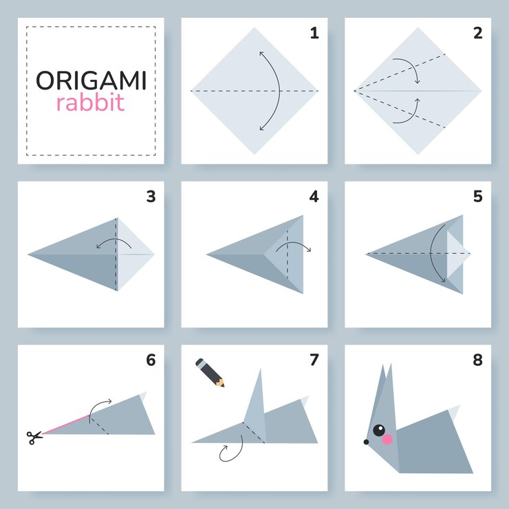 Vector tutorial de esquema de origami de conejo modelo en movimiento origami para niños paso a paso