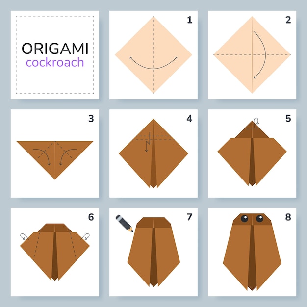 Tutorial de esquema de origami de cucaracha modelo en movimiento Origami para niños paso a paso