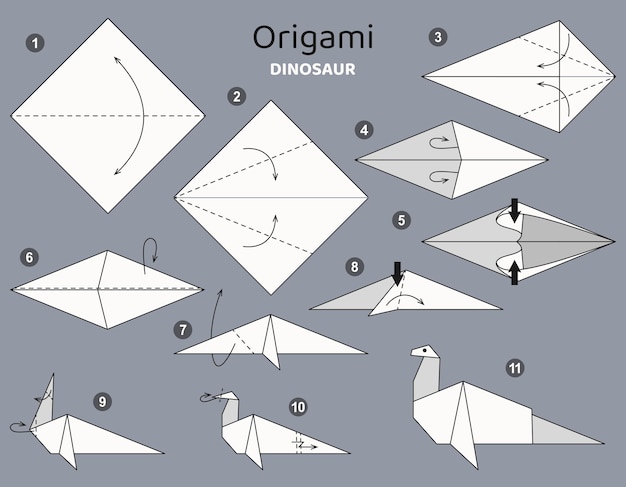 Tutorial esquema de origami con dinosaurio. elementos de origami aislados sobre fondo gris. Papiroflexia para niños.