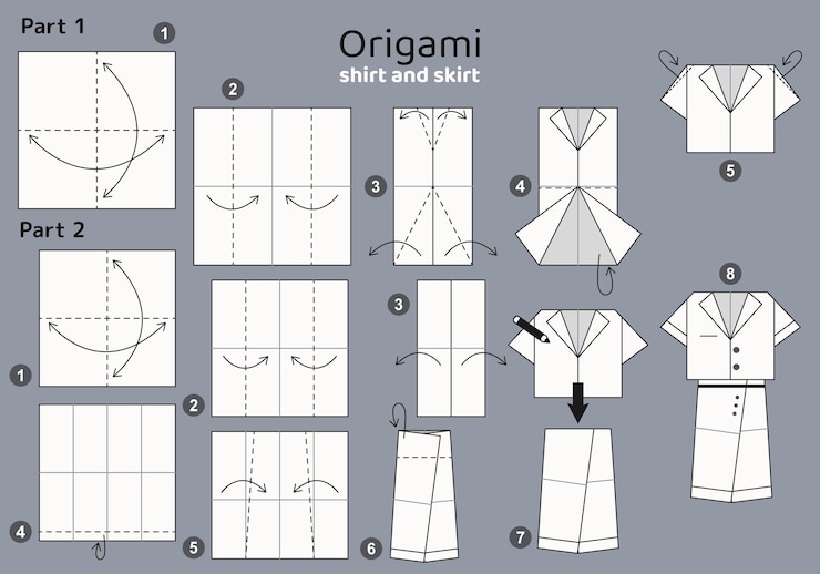 Vector tutorial de esquema de origami de falda y camisa modelo en movimiento sobre fondo gris origami para niños