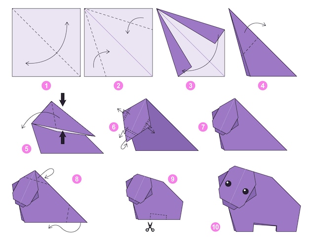 Tutorial de esquema de origami de hipopótamo modelo en movimiento. Papiroflexia para niños. Paso a paso.