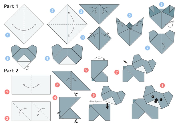 Tutorial de esquema de origami Koala modelo en movimiento Origami para niños Ilustración vectorial paso a paso