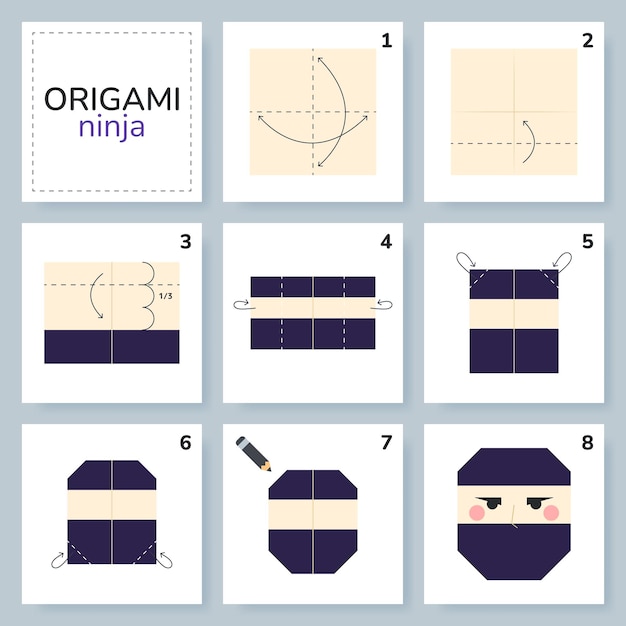 Tutorial de esquema de origami ninja modelo en movimiento Origami para niños paso a paso