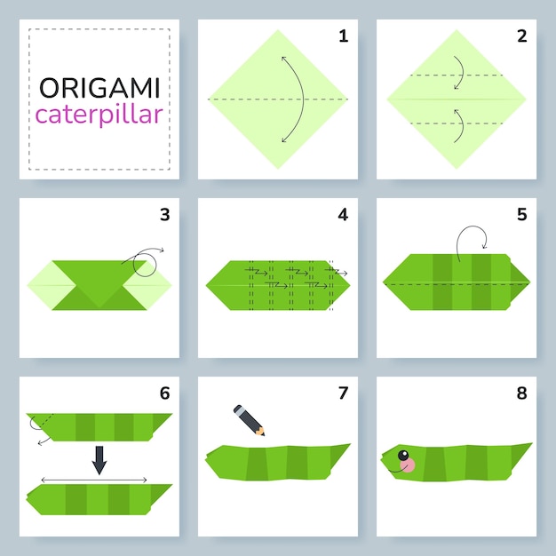 Tutorial de esquema de origami de oruga modelo móvil Origami para niños paso a paso cómo hacer insectos