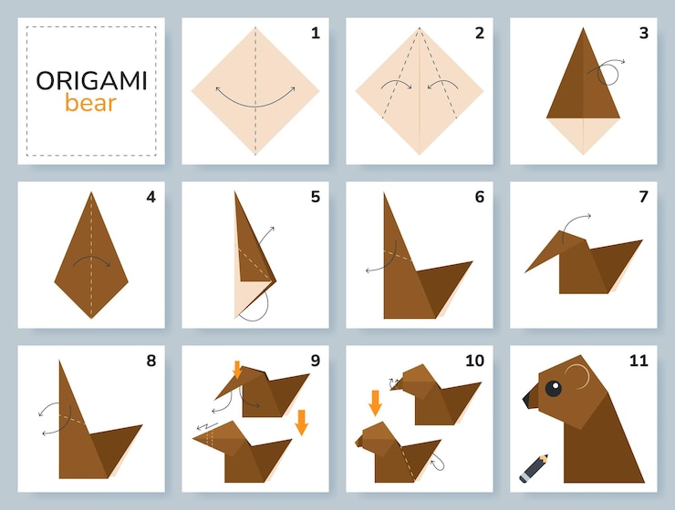 Vector tutorial de esquema de origami de oso modelo en movimiento origami para niños paso a paso cómo hacer un lindo origami