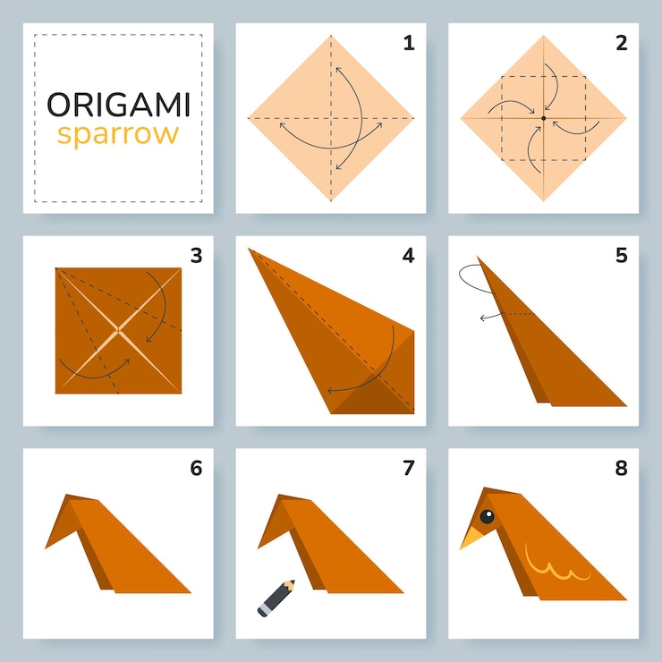 Vector tutorial de esquema de origami de pájaro modelo en movimiento origami para niños paso a paso cómo hacer un lindo origami