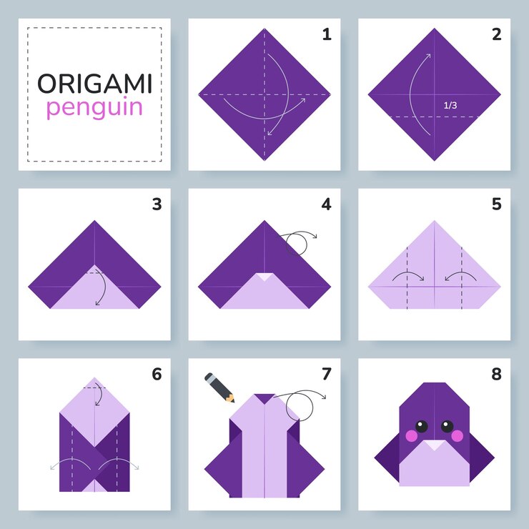 Vector tutorial de esquema de origami de pingüino modelo en movimiento origami para niños paso a paso