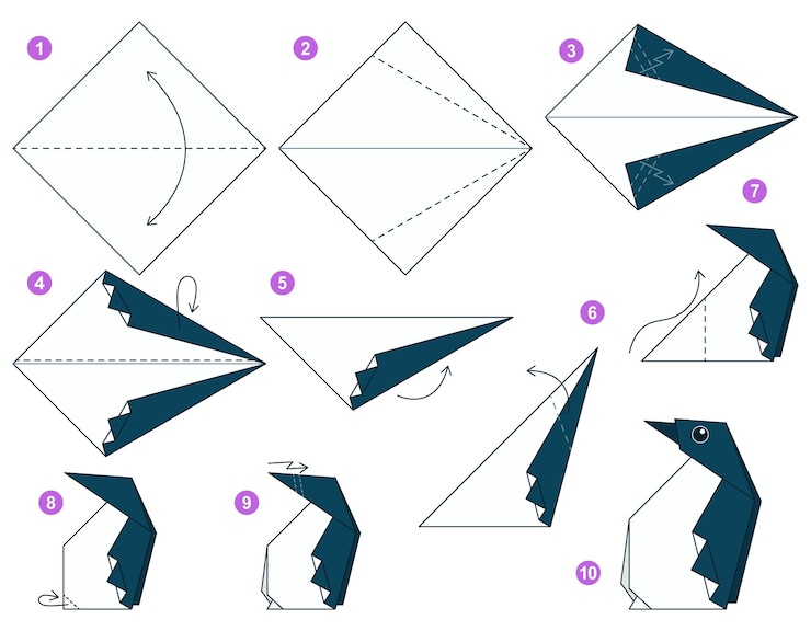 Vector tutorial de esquema de origami de pingüino modelo en movimiento. papiroflexia para niños. paso a paso.