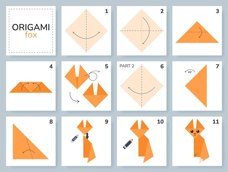 Vector tutorial de esquema de origami de zorro modelo en movimiento origami para niños paso a paso cómo hacer un lindo origami