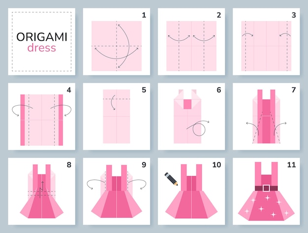 Tutorial de esquema de vestido de origami modelo en movimiento para niños Paso a paso cómo hacer un vestido de verano