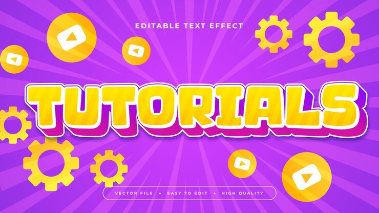 Vector tutoriales en blanco púrpura y naranja estilo de fuente de efecto de texto editable en 3d