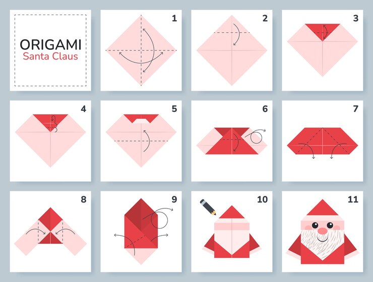 Vector tutoriales de esquema de origami de papá noel modelo en movimiento origami para niños paso a paso