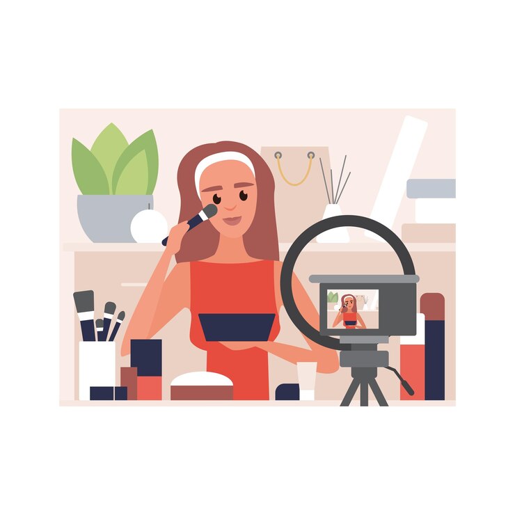Vector tutoriales de maquillaje para un blog de moda de una bloguera que graba un video en la cámara