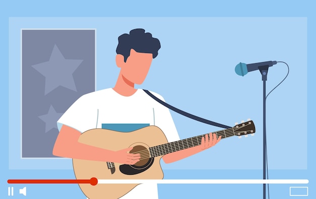 Vector tutoriales en vídeo. hombre tocando guitarra acústica. lecciones en la pantalla de la computadora, blogger profesional toca melodía, blog musical, vlog con seminario web de guitarrista, concepto de aprendizaje en línea de dibujos animados planos vectoriales