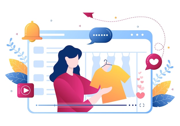Tutoriales en video con mujeres revisando productos, compras, moda y belleza a través del canal en línea para carteles. Ilustración de vector de fondo
