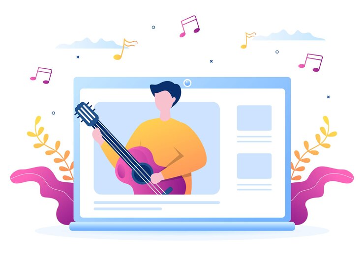 Vector tutoriales en video con niños que aprenden a tocar y ver lecciones de música en línea sobre cómo tocar la guitarra en internet para carteles o pancartas web. ilustración de vector de fondo